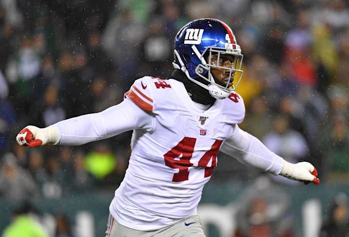 Dec 9, 2019; Philadelphia, PA, USA; New York Giants linebacker Markus Golden (44) celebrates his sack during the first quarter against the Philadelphia Eagles at Lincoln Financial Field.
